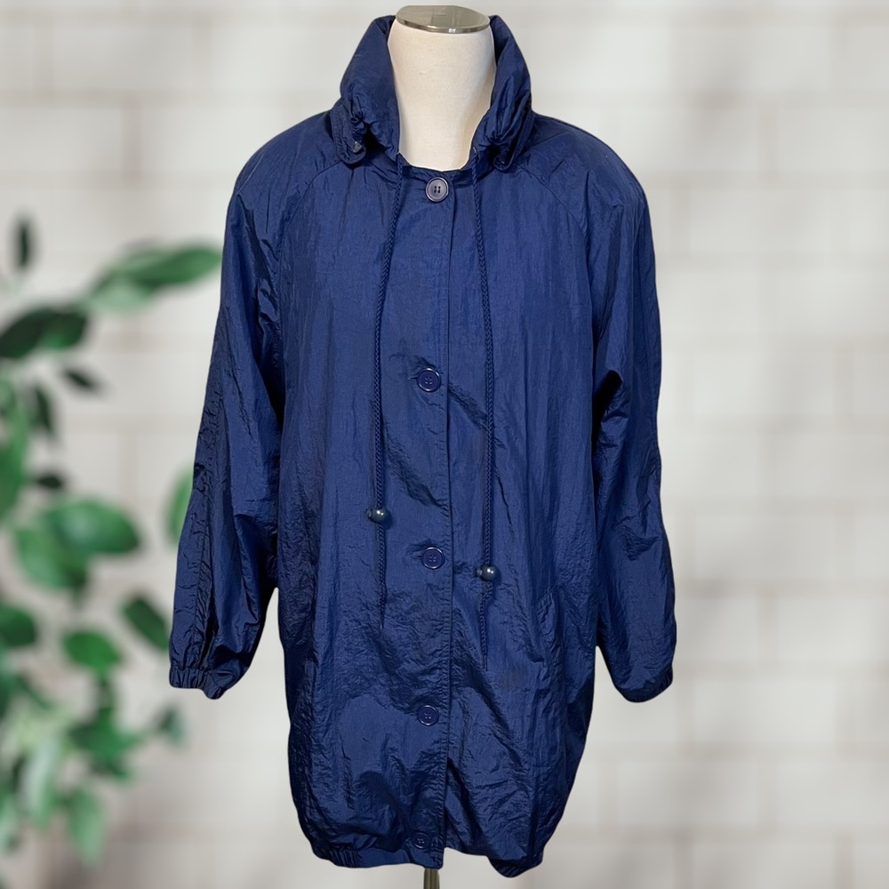 Vintage 90s Norm Thompson Blue Metallic Long Oversized Windbreaker Jacket Parka